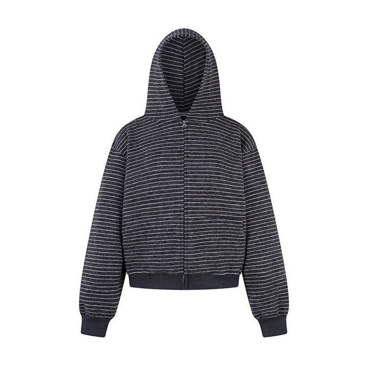 Damen Kurz geschnittene Kapuzen‑Zipjacke mit horizontalem Streifenrelief und elastischem Bund Drune