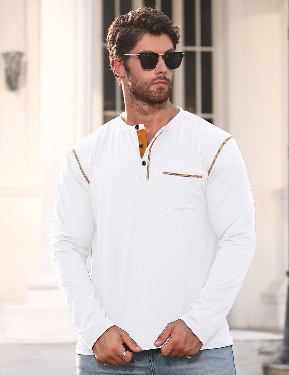 Herren nan Langarmshirt mit kurzer Knopfleiste Brusttasche und kontrastierenden Ziernähten Drune
