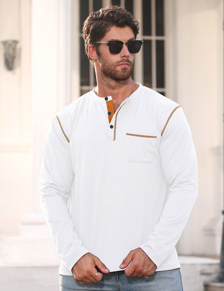 Herren nan Langarmshirt mit kurzer Knopfleiste Brusttasche und kontrastierenden Ziernähten Drune
