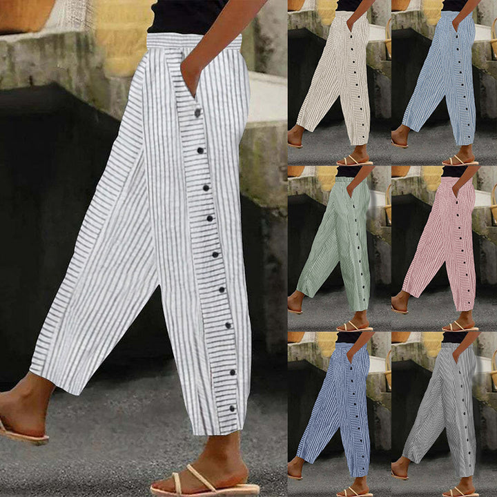 Damenweite Culotte-Hosen mit Paperbag-Taille, Knopfleiste und Seitentaschen Drune
