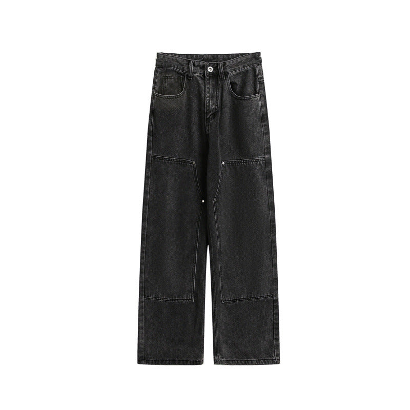 Damen Weite Utility-Denimhose mit Knie‑Patch, hohem Bund und geradem Bein Drune