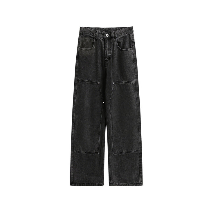 Damen Weite Utility-Denimhose mit Knie‑Patch, hohem Bund und geradem Bein Drune