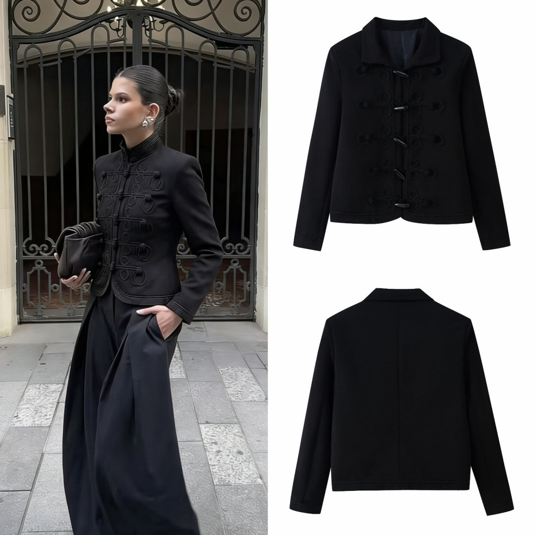 Damen Kurzjacke im militärisch inspirierten Stil mit Stehkragen und Zierkordeln Drune