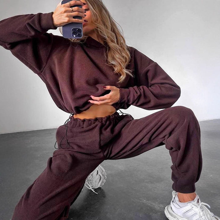 Damen gemütlicher Fleece-Jumpsuit mit Kapuze und elastischem Bund Drune