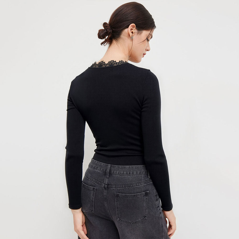 Damen Bodysuit mit tiefem V-Ausschnitt und zarter Spitzenapplikation Drune