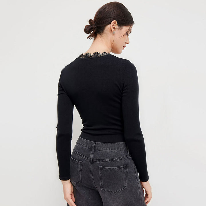 Damen Bodysuit mit tiefem V-Ausschnitt und zarter Spitzenapplikation Drune