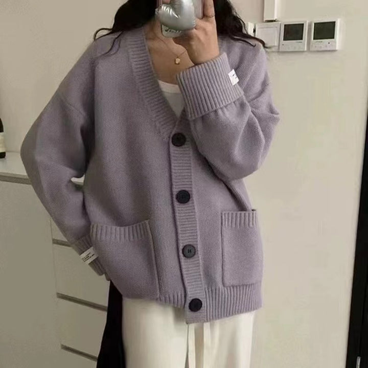 Damen Gemütliche Strickjacke mit tiefem V-Ausschnitt und großen Taschen Drune