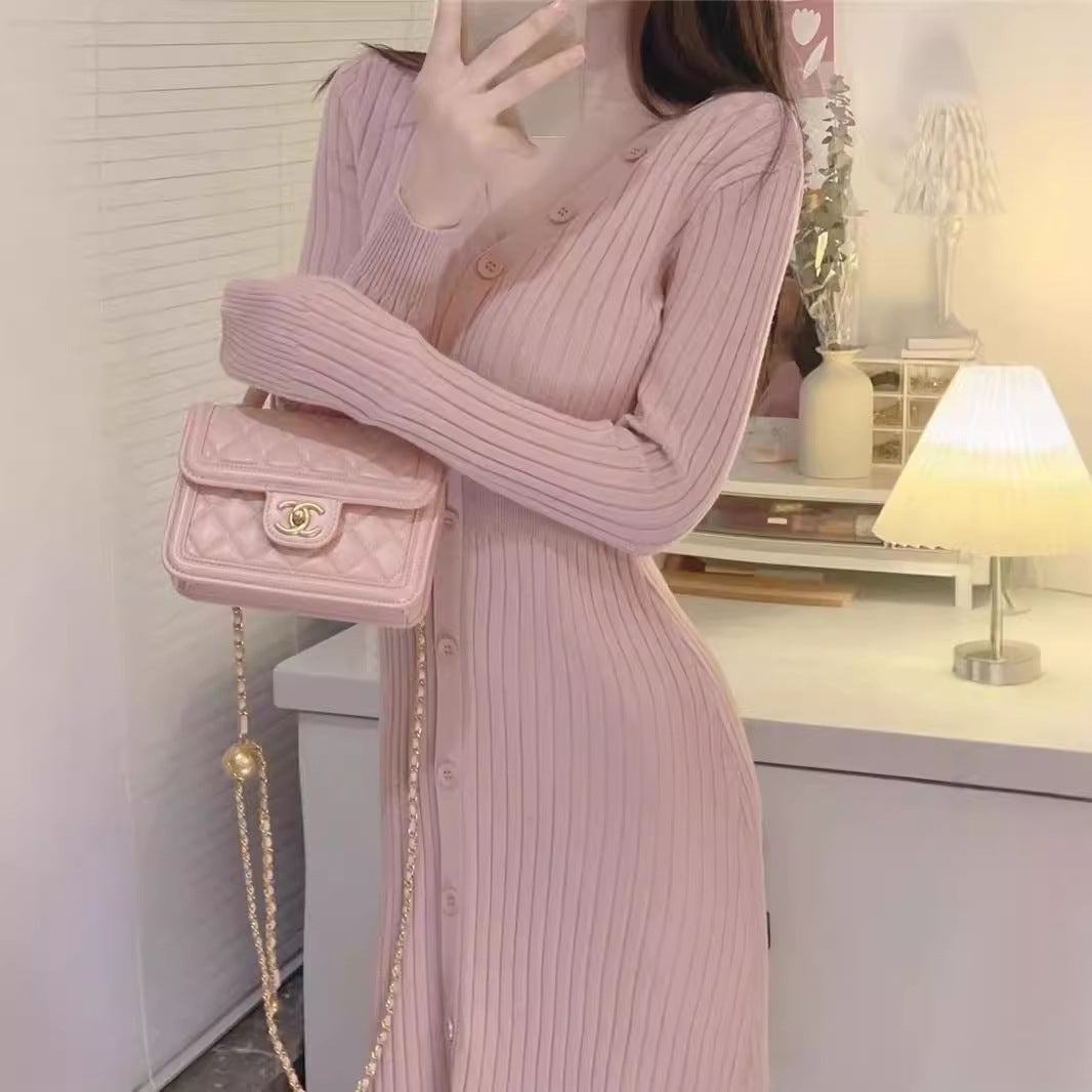 Damen lässiges Midi-Kleid aus feinem Rippstrick mit Knopfleiste Drune