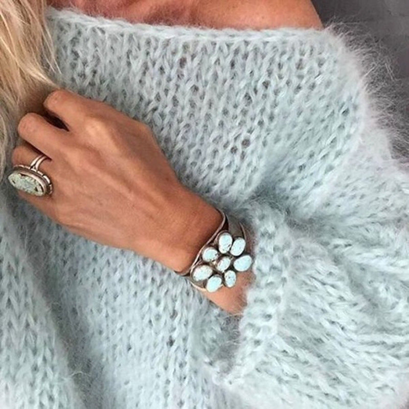 Damen Kurzgeschnitteter flauschiger Grobstrickpullover mit überschnittener Schulter Drune
