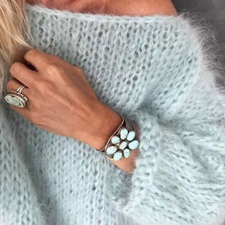 Damen Kurzgeschnitteter flauschiger Grobstrickpullover mit überschnittener Schulter Drune