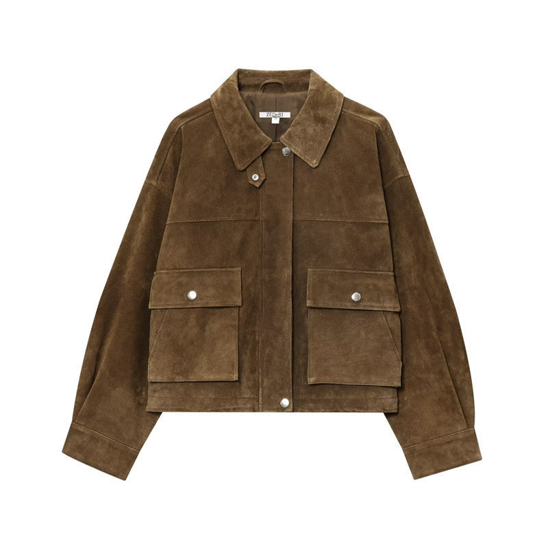 Damen Kurz geschnittene Boxy‑Veloursblousonjacke mit Pattentaschen und verdeckter Druckknopfleiste Drune