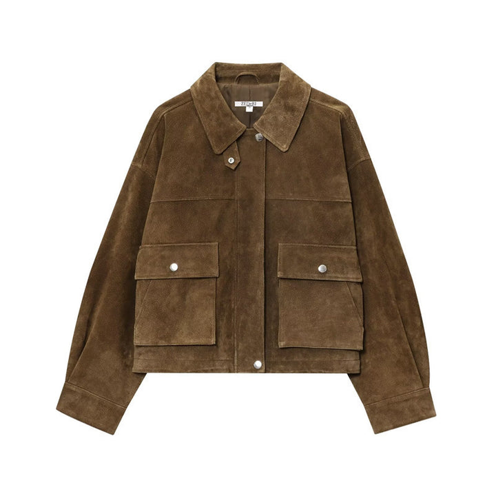 Damen Kurz geschnittene Boxy‑Veloursblousonjacke mit Pattentaschen und verdeckter Druckknopfleiste Drune