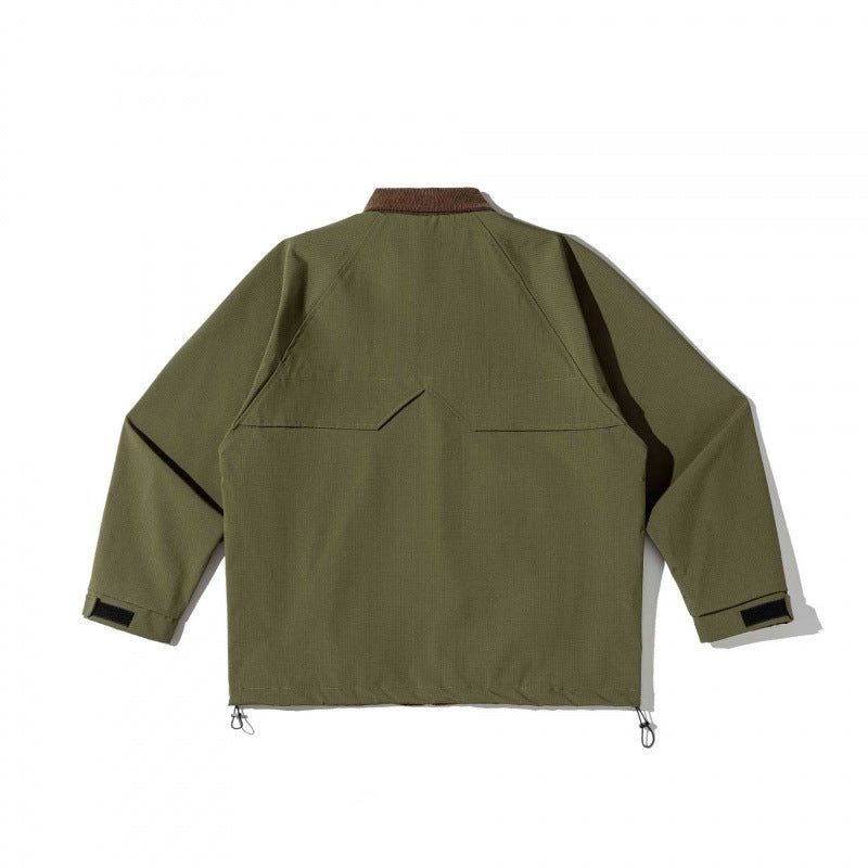 Unisex Kastenförmige Overshirt‑Jacke im Utility‑Stil mit Cordkragen, Pattentaschen und Kordelzugsaum Drune