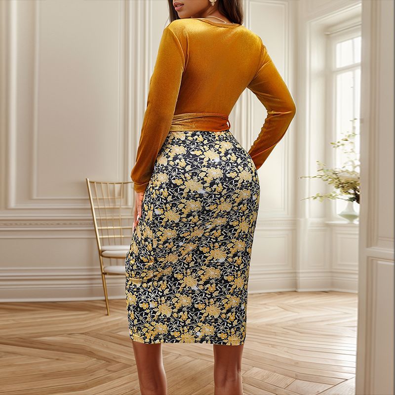 Damen Wickelkleid mit Samtoberteil und floraler Jacquard-Bleistiftrock Drune