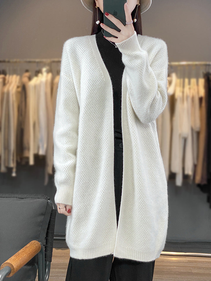 Damen Langer Offener Strickcardigan mit Samenmuster und gerippten Abschlüssen Drune