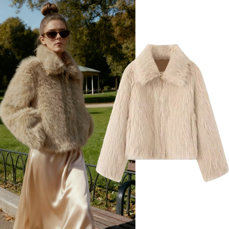Damen Kurze Kunstfell-Croppedjacke mit voluminösem Schalkragen und Frontreißverschluss Drune