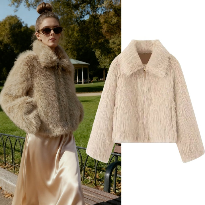 Damen Kurze Kunstfell-Croppedjacke mit voluminösem Schalkragen und Frontreißverschluss Drune