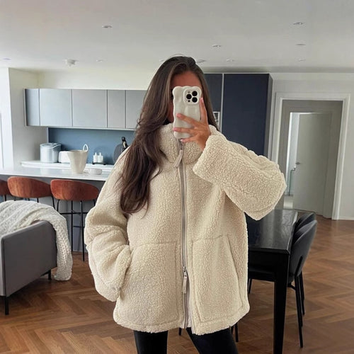Damen Oversize Teddy-Fleecejacke mit Stehkragen und aufgesetzten Taschen Drune