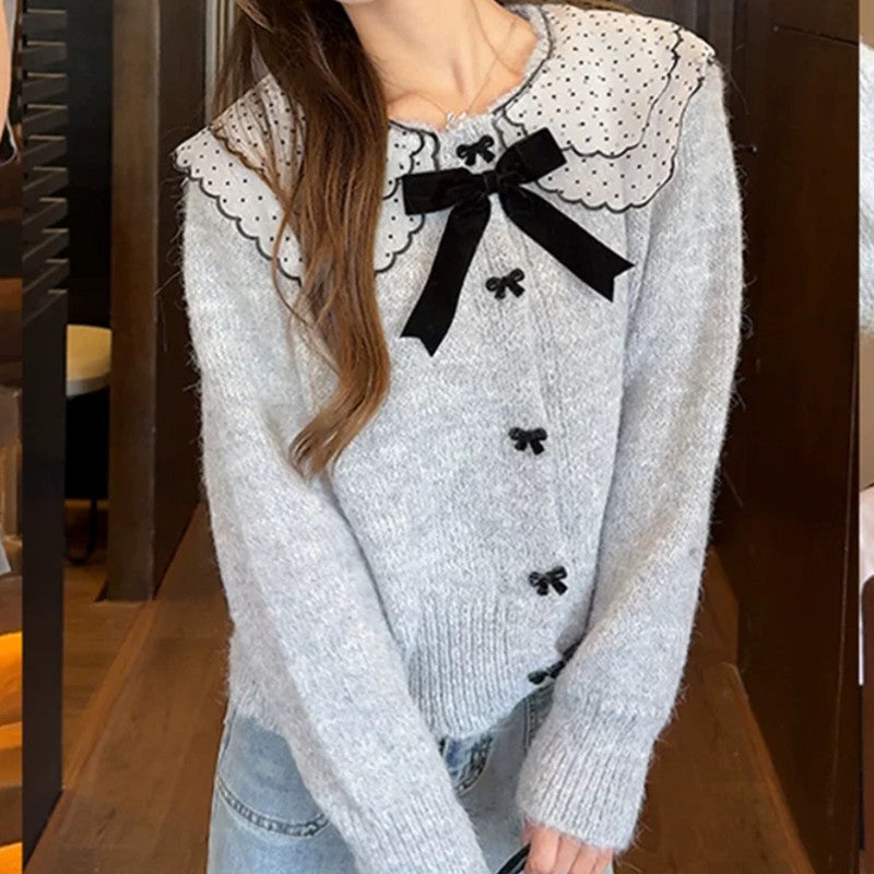 Damen Strickjacke mit nostalgischem Kragen und Schleifenverzierung Drune