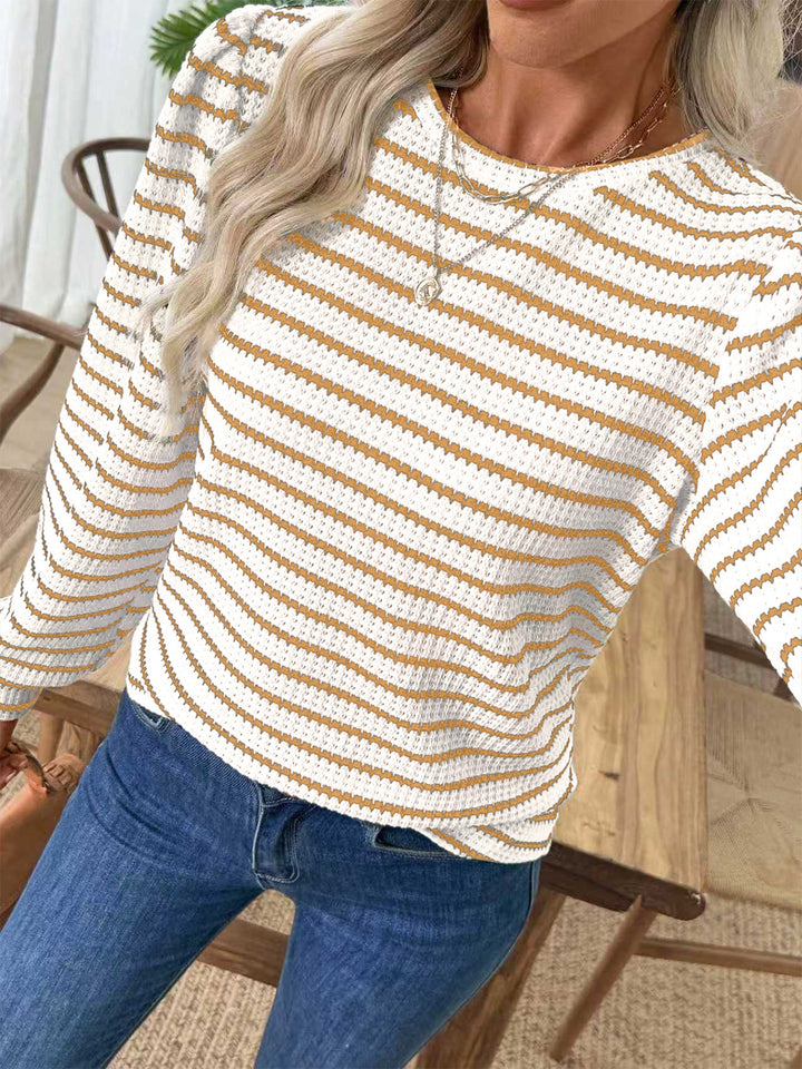 Damen Gestreiftes Feinstrick-Longsleeve mit Strukturstrick und Rundhalsausschnitt Drune