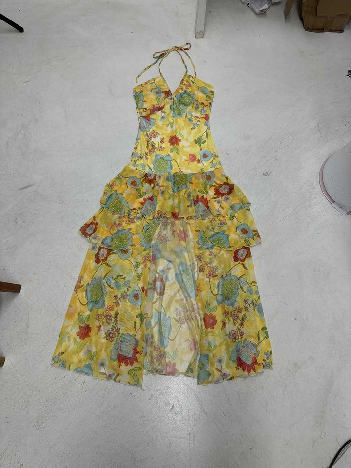 Damen Maxi-Kleid mit floralen Rüschen und tiefem V-Ausschnitt Drune