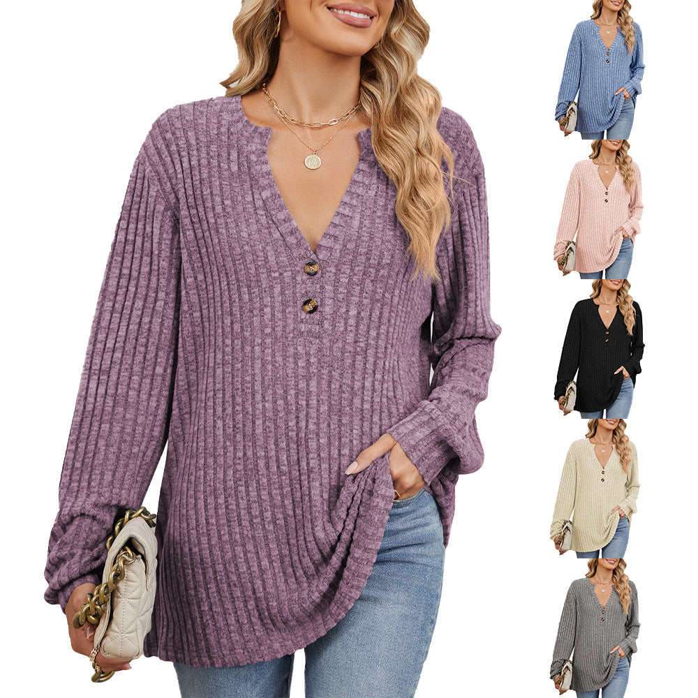 Damen Langarmshirt mit strukturiertem V-Ausschnitt und Knopfdetails Drune