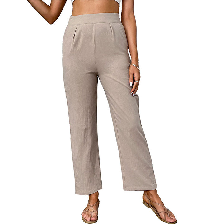 Damen Leichte Leinenoptik-Hose mit hoher Taille und geradem Bein Drune