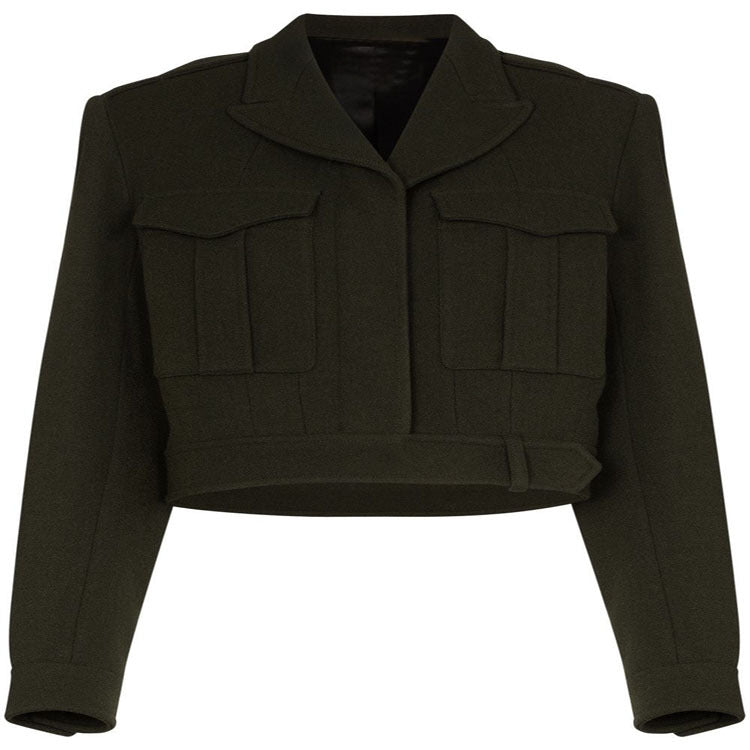 Damen Kurzjacke im Military-Tailoring aus Wollmix mit Pattentaschen und Taillengürtel Drune