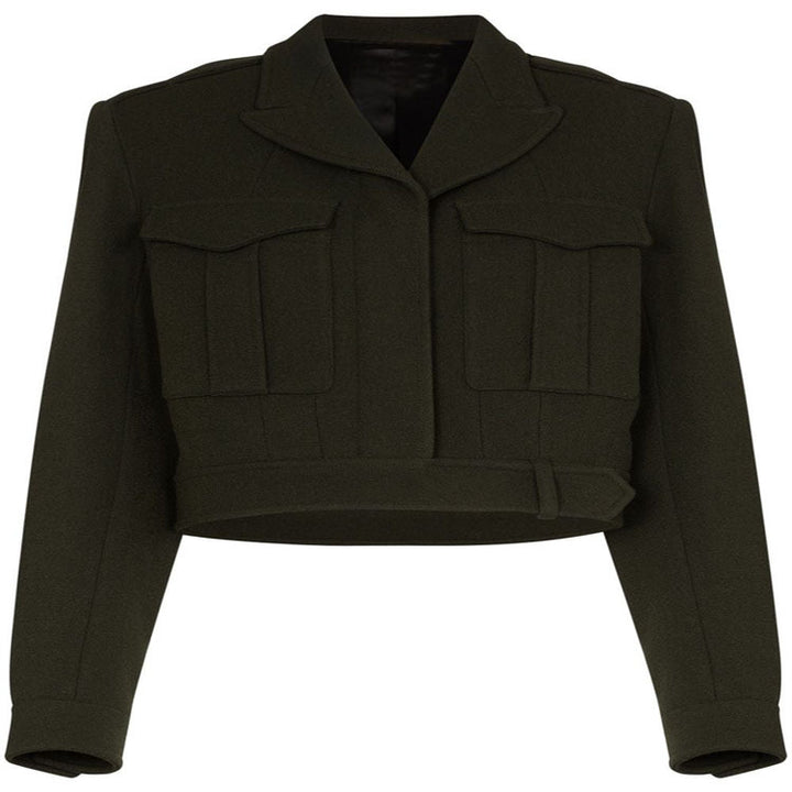 Damen Kurzjacke im Military-Tailoring aus Wollmix mit Pattentaschen und Taillengürtel Drune