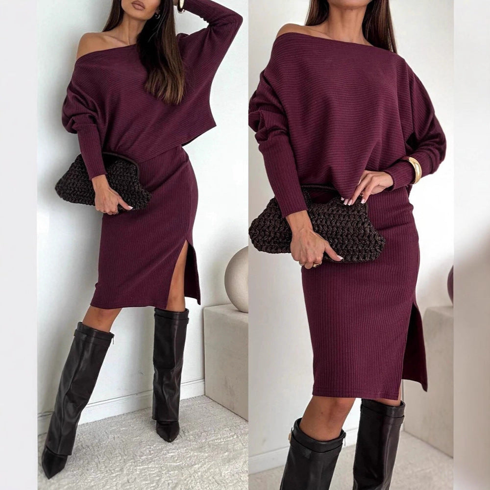 Damen Zweisitiges geripptes Strick-Set mit Off-Shoulder-Oversize-Pullover und tailliertem Midirock mit Seitenschlitz Drune