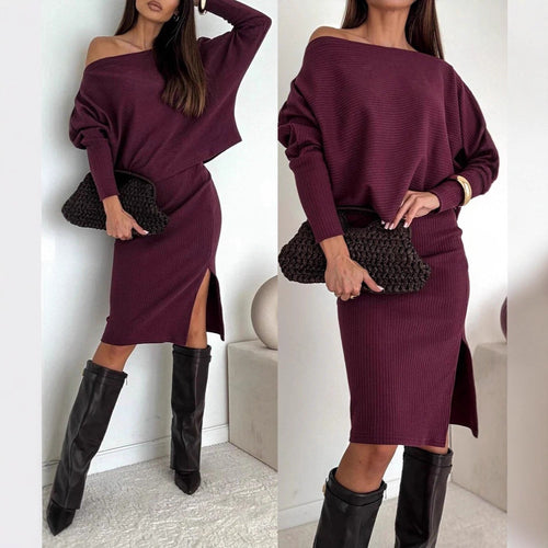 Damen Zweisitiges geripptes Strick-Set mit Off-Shoulder-Oversize-Pullover und tailliertem Midirock mit Seitenschlitz Drune