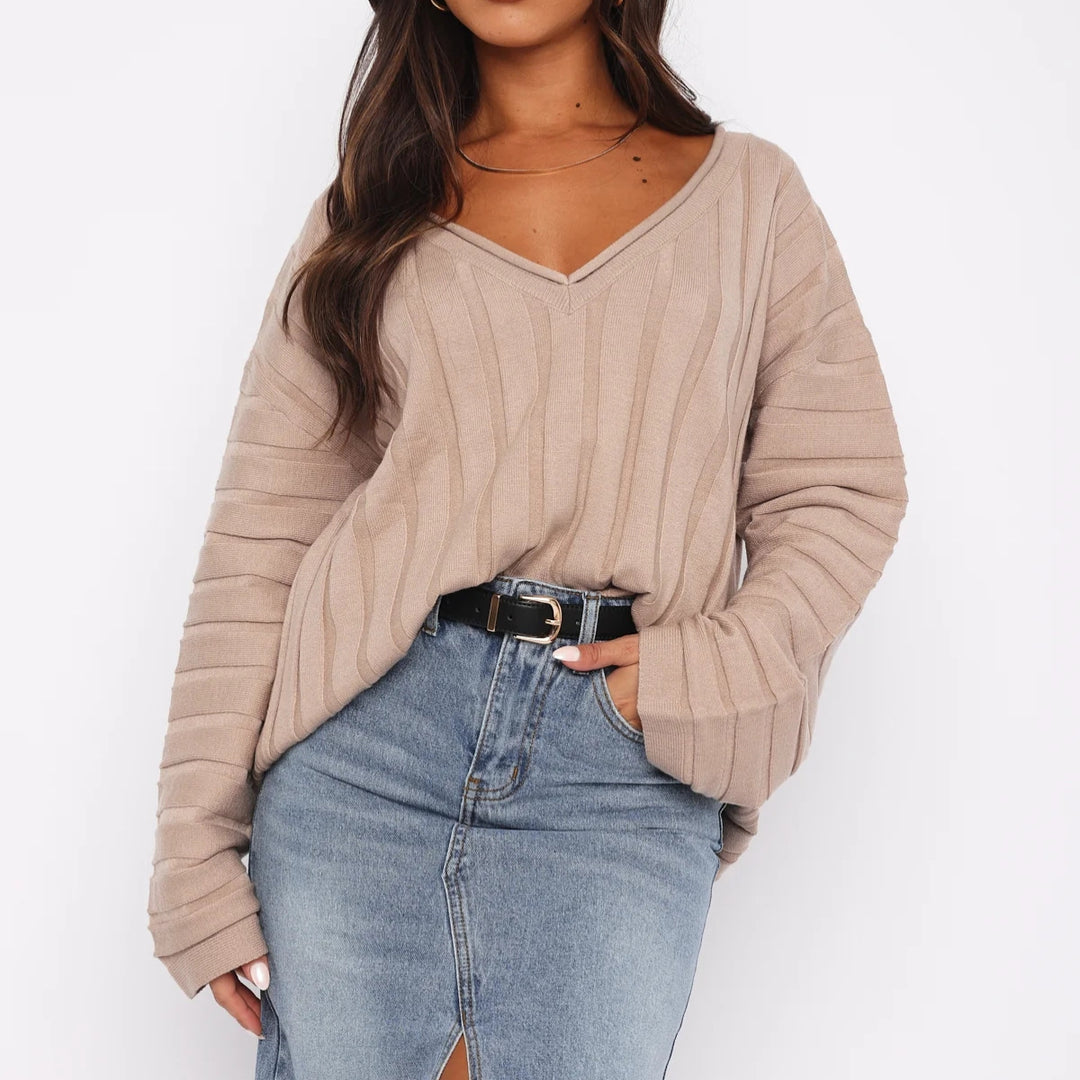 Damen lässiger Pullover mit V-Ausschnitt und Streifenmuster Drune