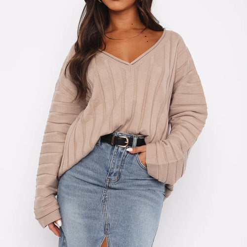 Damen lässiger Pullover mit V-Ausschnitt und Streifenmuster Drune