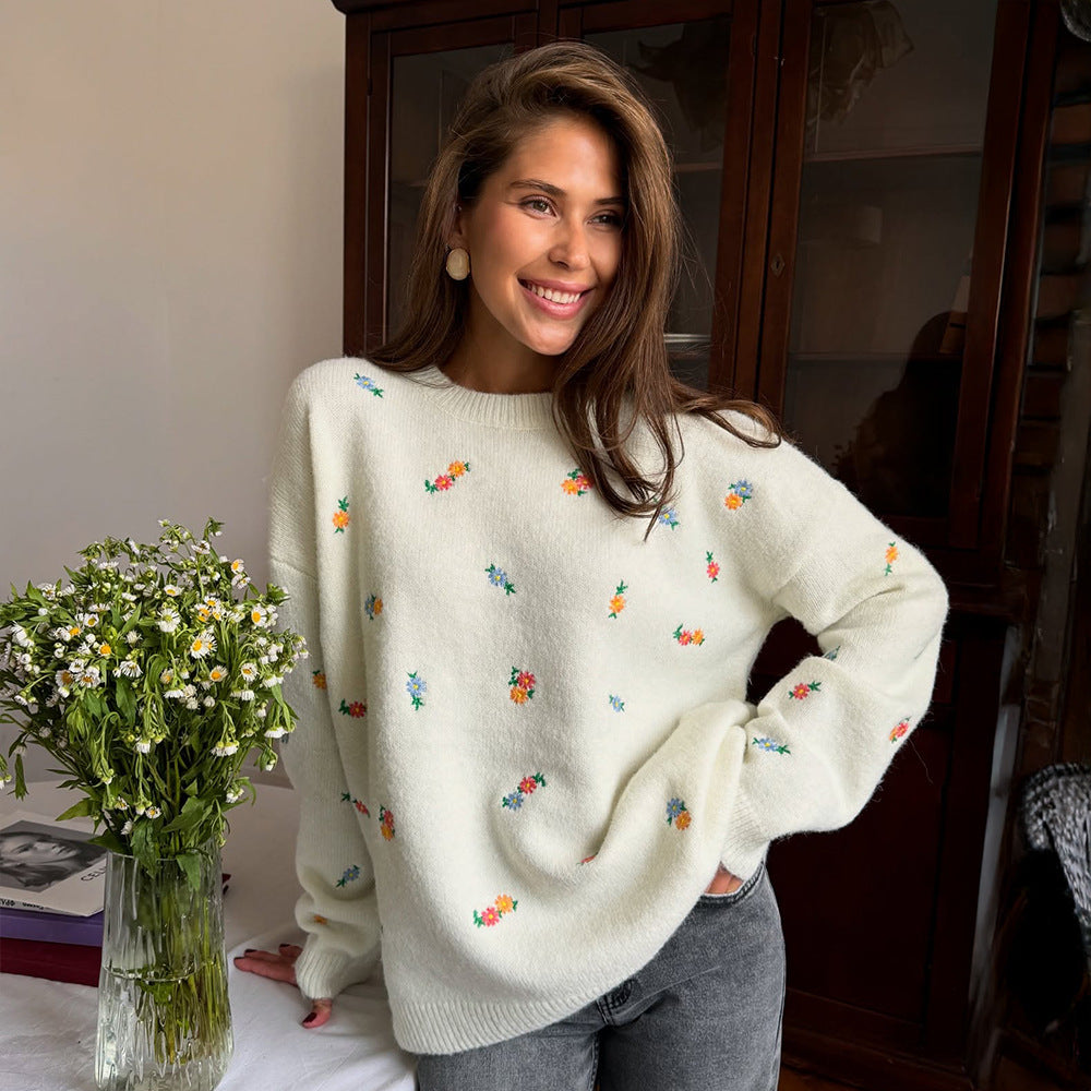 Damen lockerer Strickpullover mit floralem Muster Drune