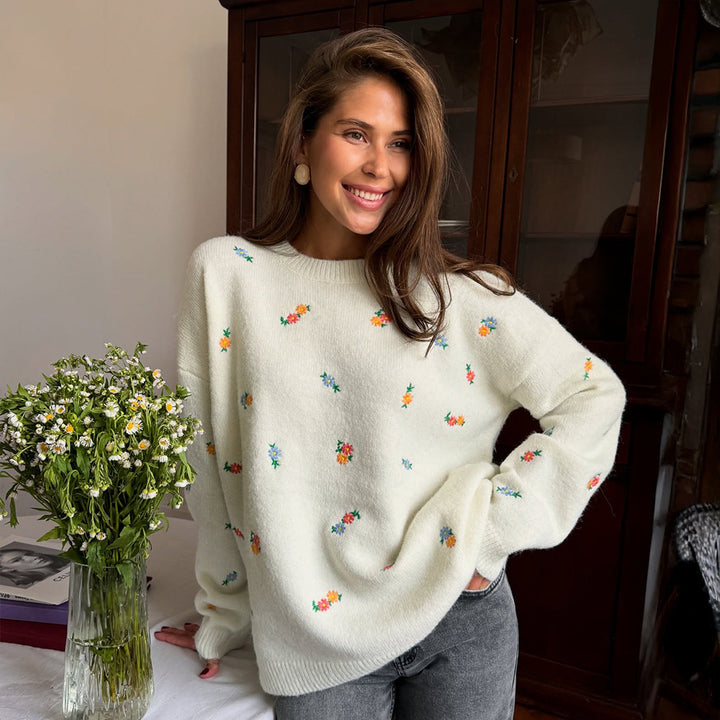 Damen lockerer Strickpullover mit floralem Muster Drune
