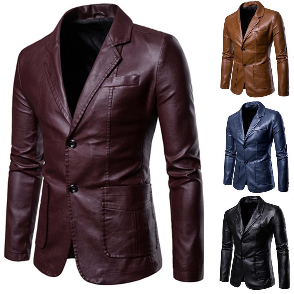 Herren nan schlanker Lederblazer mit Reverskragen und aufgesetzten Taschen Drune