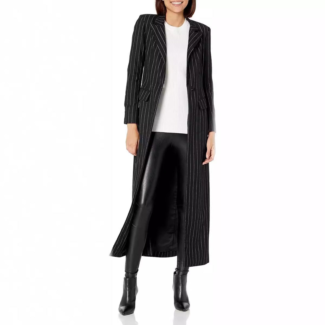 Damen Longline-Blazer-Mantel mit Nadelstreifen, taillierter Silhouette und Pattentaschen Drune