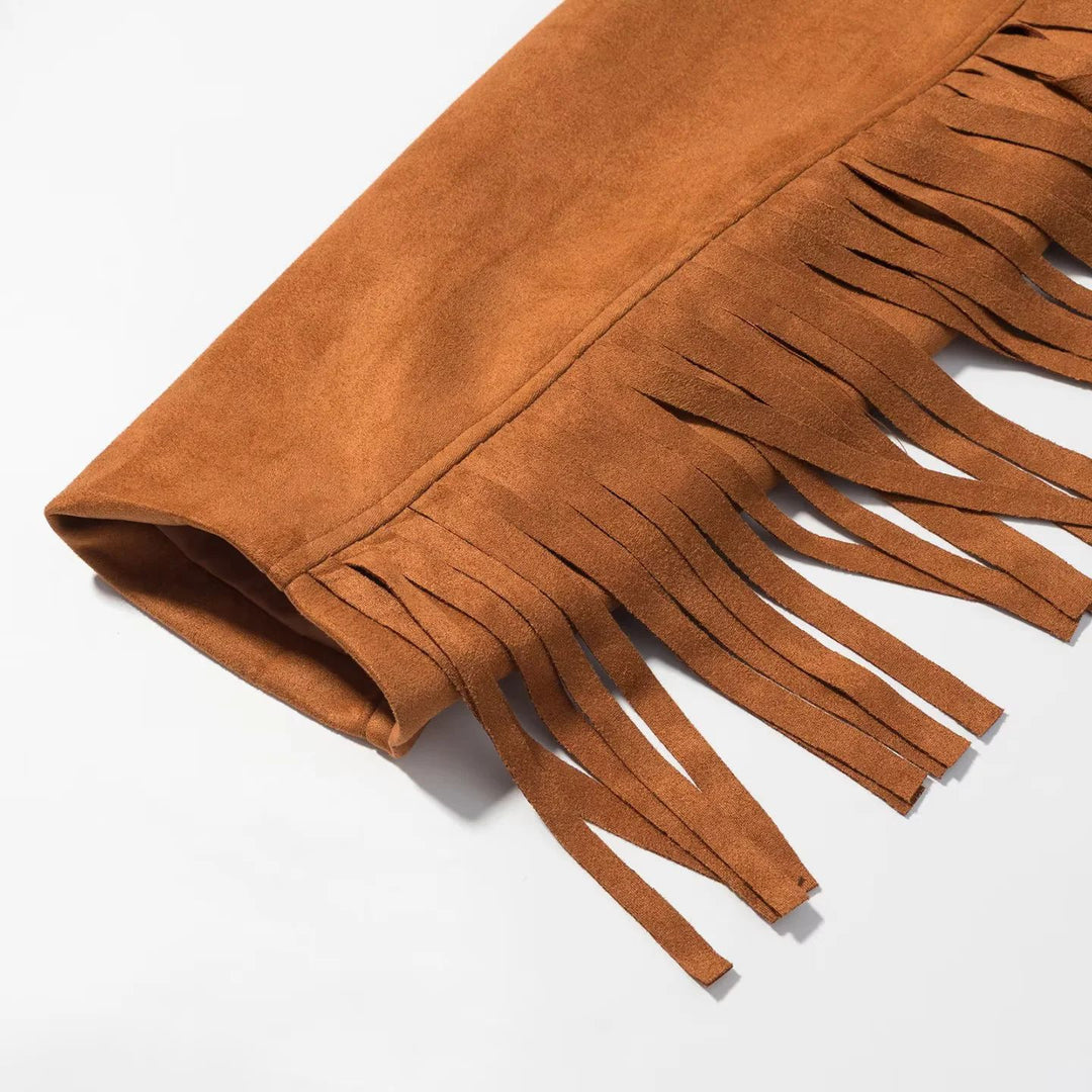 Damen nan taillierte Fransenjacke im Wildlederlook mit Gürtel und asymmetrischem Reißverschluss Drune