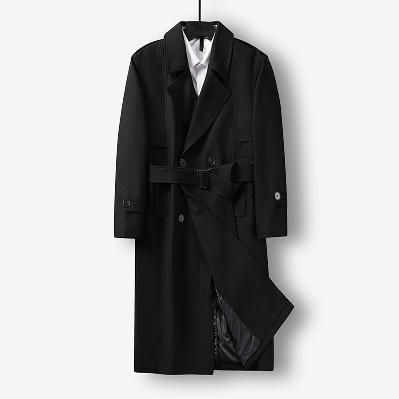 Herren Midilanger Doppelreihiger Trenchcoat mit Taillengürtel, abgefalcetem Revers und kariertem Innenfutter Drune