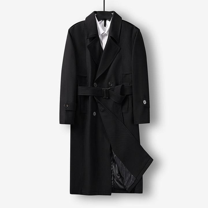Herren Midilanger Doppelreihiger Trenchcoat mit Taillengürtel, abgefalcetem Revers und kariertem Innenfutter Drune