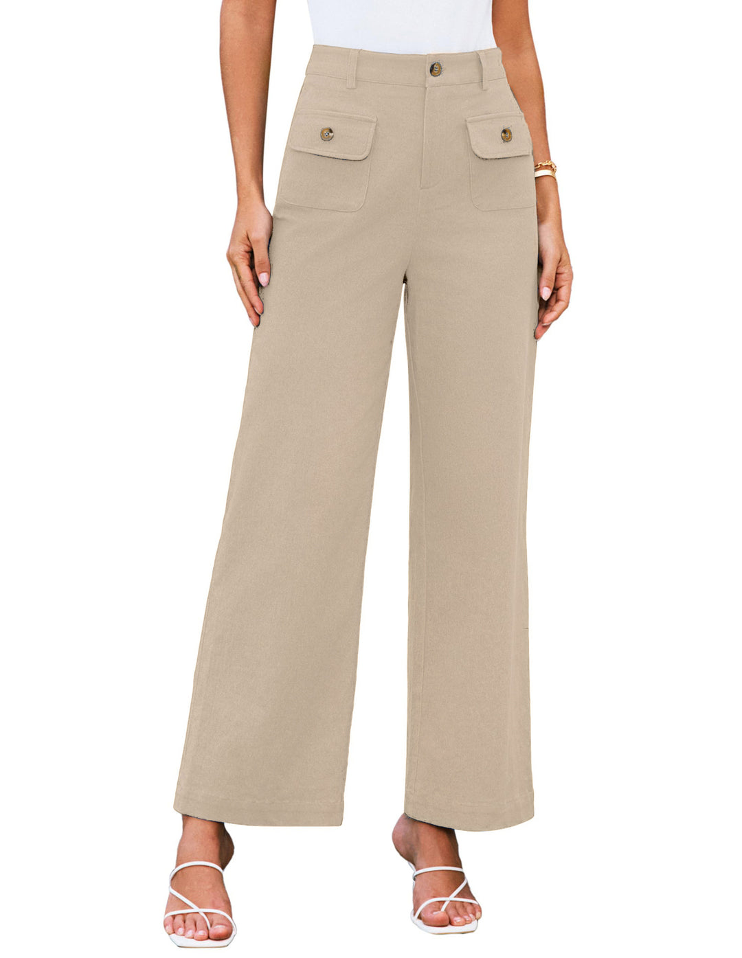 Hochtaillierte Damen-Trousers mit weitem Bein und Knopfklappen-Pattentaschen Drune