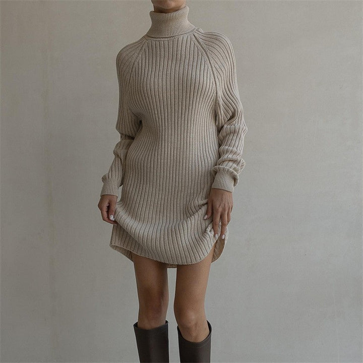 Damen Strickkleid mit hohem Kragen und großen Ärmeln Drune