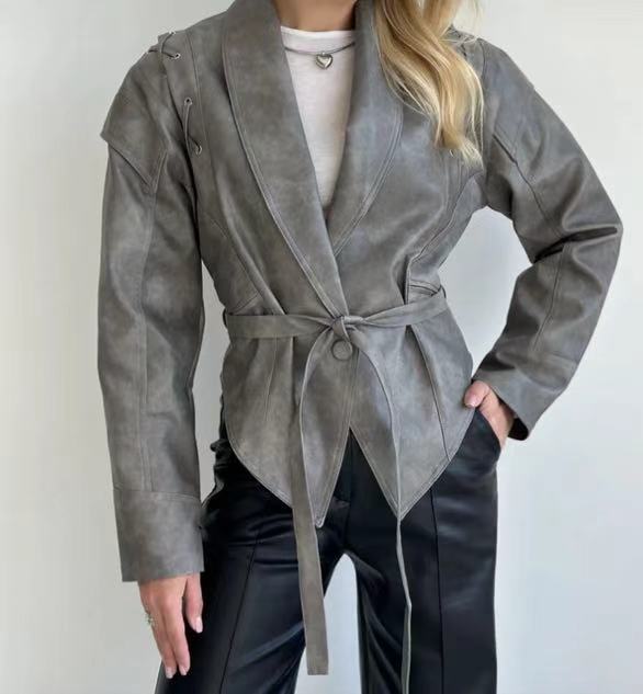 Damen modische Wildlederjacke mit tailliertem Schnitt und Bindegürtel Drune