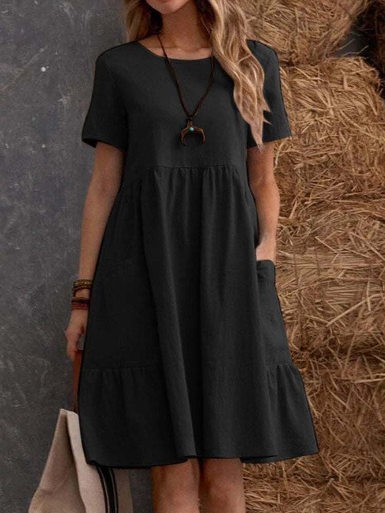 Damen lässiges Midikleid mit elastischem Bund und Rüschensaum Drune