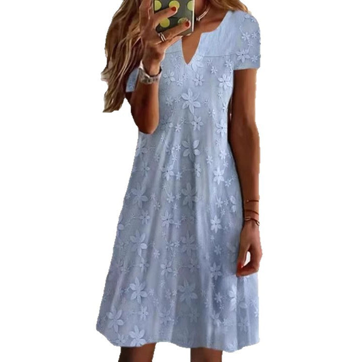 Damen nan knielanges A-Linien-Kleid aus Baumwollmix mit besticktem Broderie-Overlay, kurzen Ärmeln und V-Ausschnitt Drune