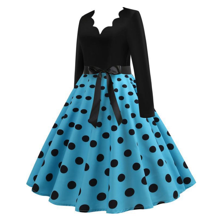 Damen Retro-Swingkleid mit welligem Ausschnitt, taillierter Satin-Schärpe und Tellerrock Drune