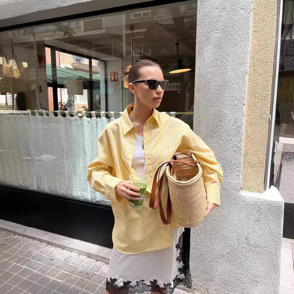 Damen nan oversized Hemdbluse mit feinen Streifen, klassischem Kragen und abgerundetem Saum Drune