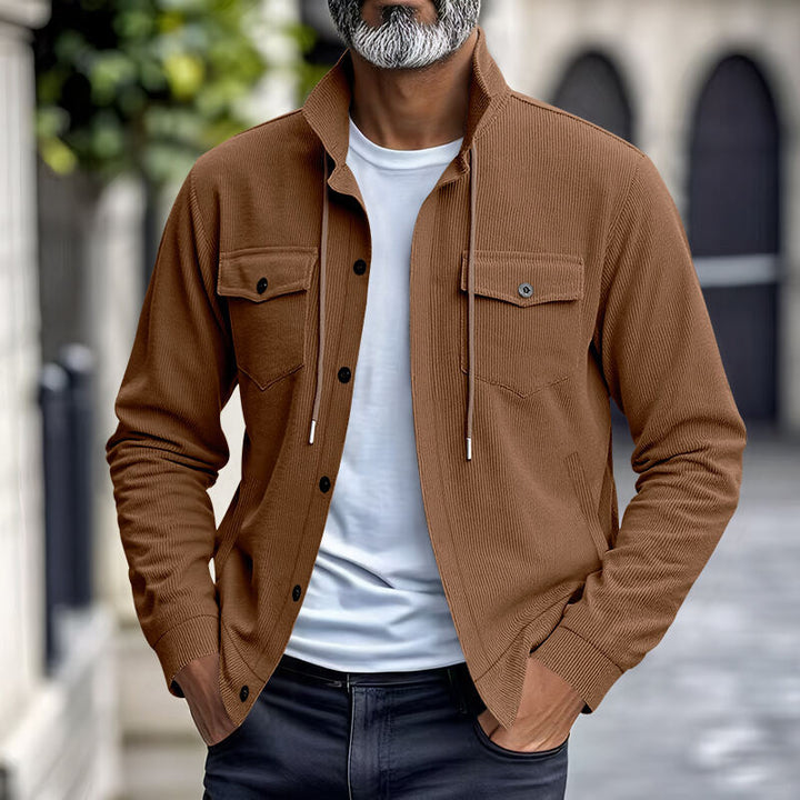 Herren nan funktionale Cord-Hemdjacke mit hohem Stehkragen, Kordelzug und aufgesetzten Pattentaschen Drune