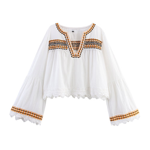 Damen Bestickte Boho-Bluse mit weiten Glockenärmeln und Spitzensaum Drune