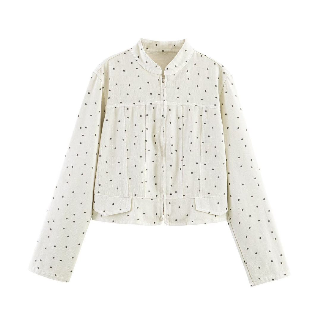 Damen Gepunktete Cropped-Jacke mit Stehkragen, Reißverschluss und aufgesetzten Taschen Drune